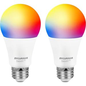 imageSYLVANIA Bluetooth Mesh LED Smart Light Bulb One Touch Set Up A19 60W Equivalent E26 RGBW Full Color ampamp Adjustable White Works with Alexa Only  2 Count Pack of 1 75760Full Color