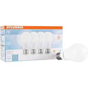 imageSYLVANIA LED A19 Light Bulb 75W Equivalent Efficient 12W Frosted Finish 1100 Lumens Bright White  4 Pack 78099Bright White