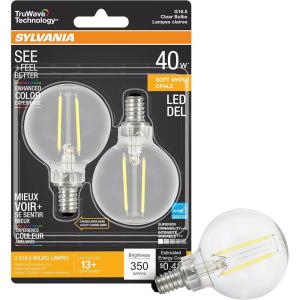 imageSYLVANIA LED TruWave Natural Series Dcor Globe G 165 Light Bulb 40W Equivalent Efficient 4W Candelabra Base Dimmable 350 Lumens 2700K Clear Soft White  2 Pack 40784Soft White
