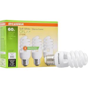imageSYLVANIA T2 Twist Light Bulb 60W Equivalent Efficient 13W Ballasted E26 Medium Base 850 Lumens 2700K Soft White  3 Pack 26371Soft White
