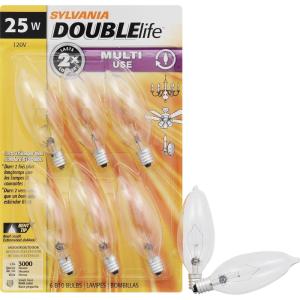imageSYLVANIA Incandescent Double Life Light Bulb B10 25W Candelabra Base 175 Lumens 2850K Clear Soft White  6 Count Pack of 1 18748Clear Finish