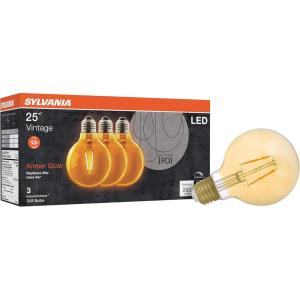 imageSYLVANIA LED Vintage Filament Globe G25 Light Bulb 25W Equivalent Efficient 3W 13 Year Dimmable 2175K Amber Glow  3 Pack 40066