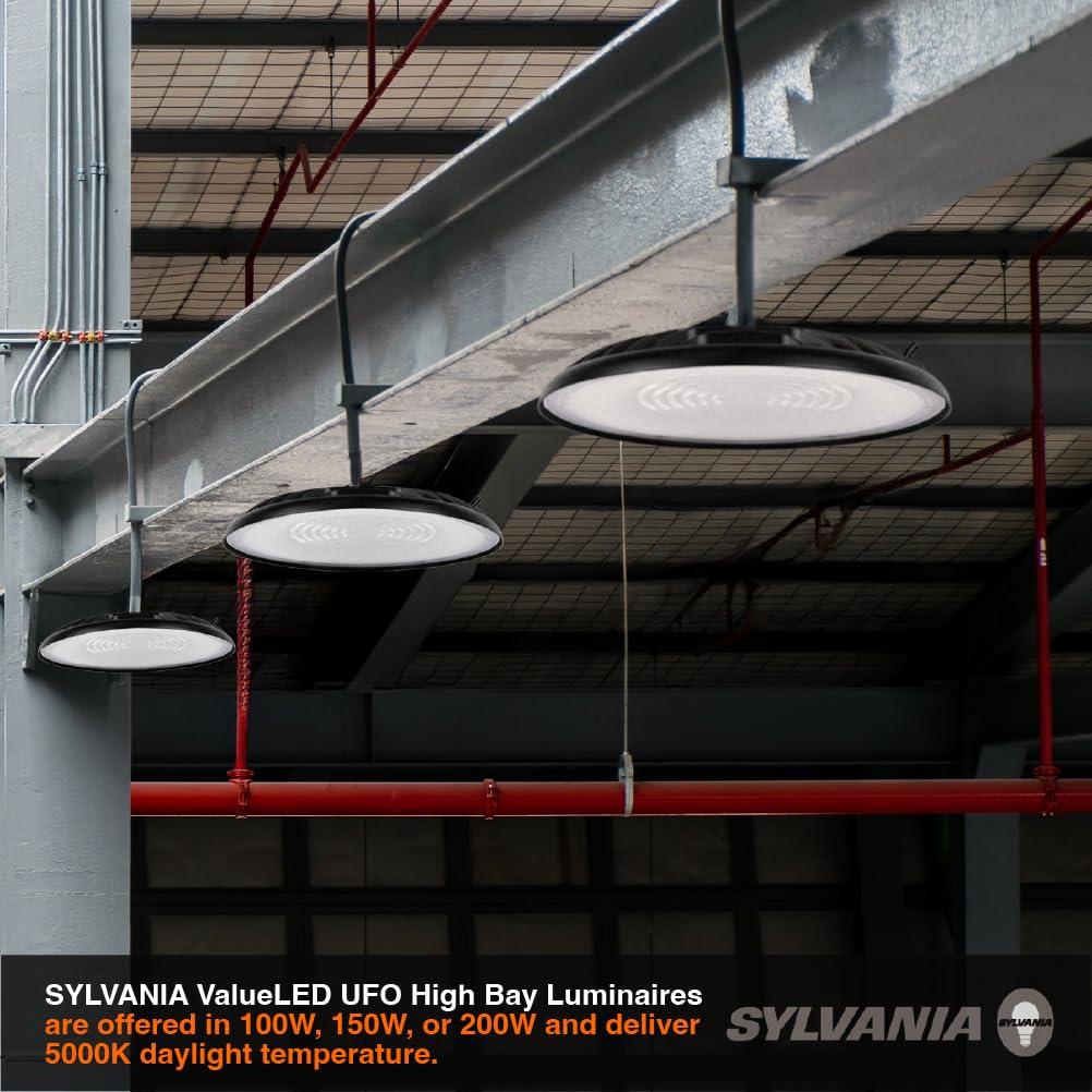 imageSylvania ValueLED UFO High Bay LED Luminaire 200W 22000 LMS 80 CRI 5000K Daylight Black 120V with 6 CordPlug UL Listed 6 Pack 67261